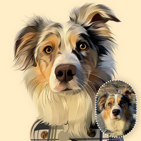 Hand-drawn pet portrait next to the original photo